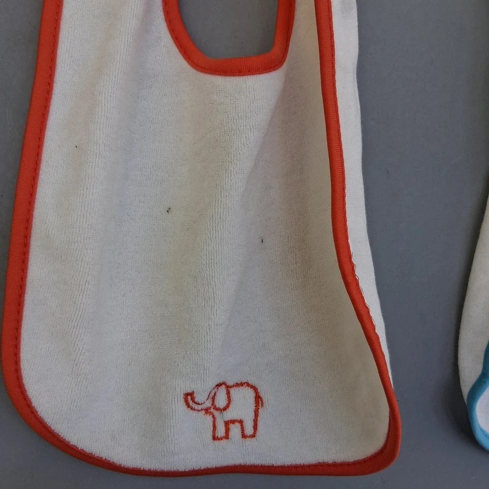 Lot Of 3 Terry Cloth Baby Bibs Drool Feeding Sailboat Elephant Blue Orange EUC